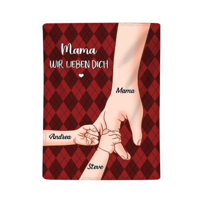 Personalisierte 3 Namen & 2 Texte Flanell Decke – Mama & Kinder Hand-in-Hand  – Kuschelige Decke für Mutter