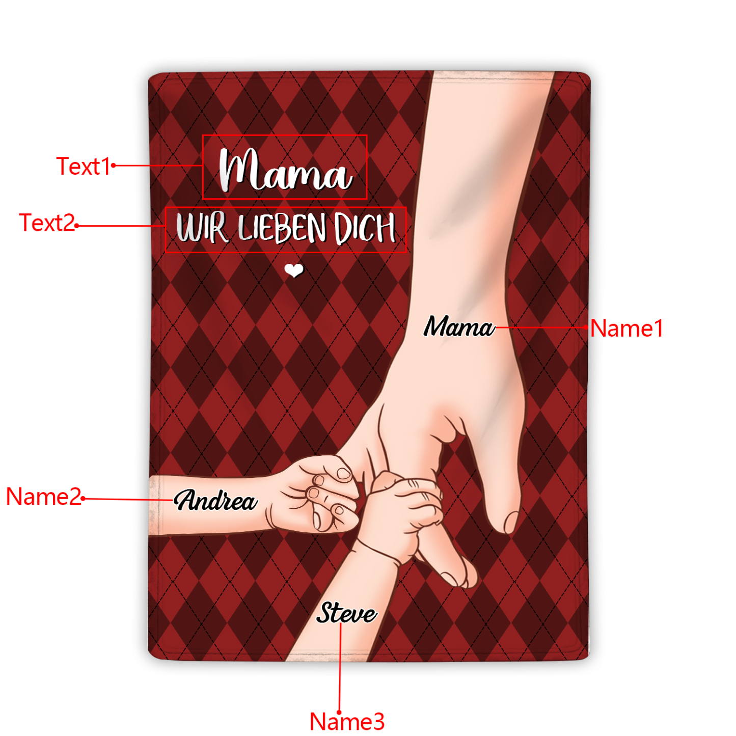 Personalisierte 3 Namen & 2 Texte Flanell Decke – Mama & Kinder Hand-in-Hand – Kuschelige Decke für Mutter