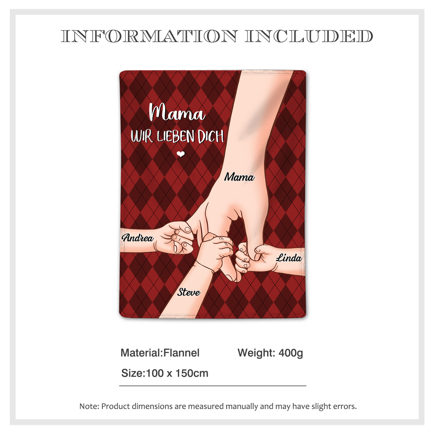 Personalisierte 4 Namen & 2 Texte Flanell Decke – Mama & Kinder Hand-in-Hand – Kuschelige Decke für Mutter