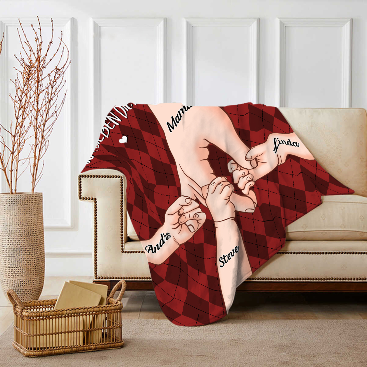 Personalisierte 4 Namen & 2 Texte Flanell Decke – Mama & Kinder Hand-in-Hand – Kuschelige Decke für Mutter