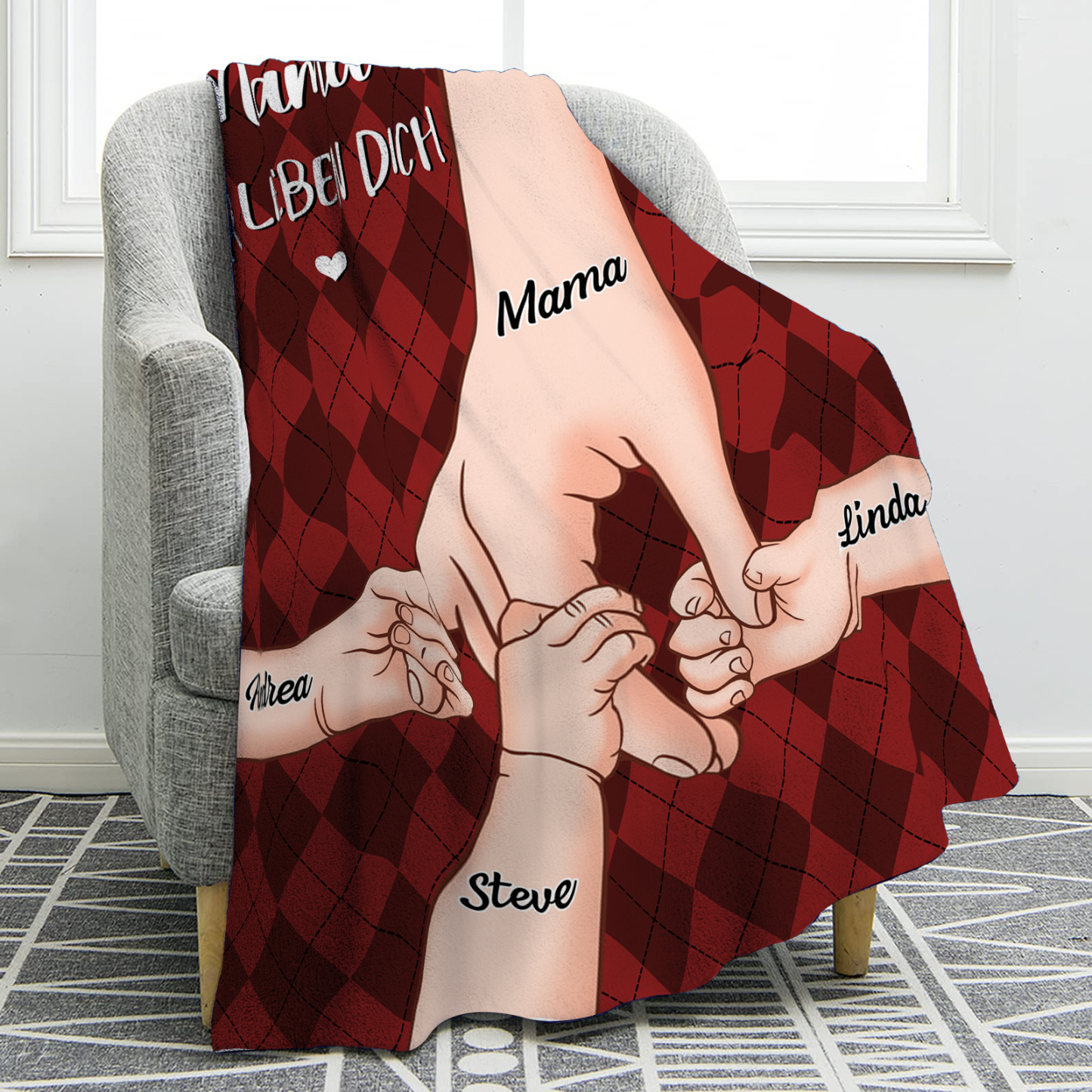 Personalisierte 4 Namen & 2 Texte Flanell Decke – Mama & Kinder Hand-in-Hand – Kuschelige Decke für Mutter