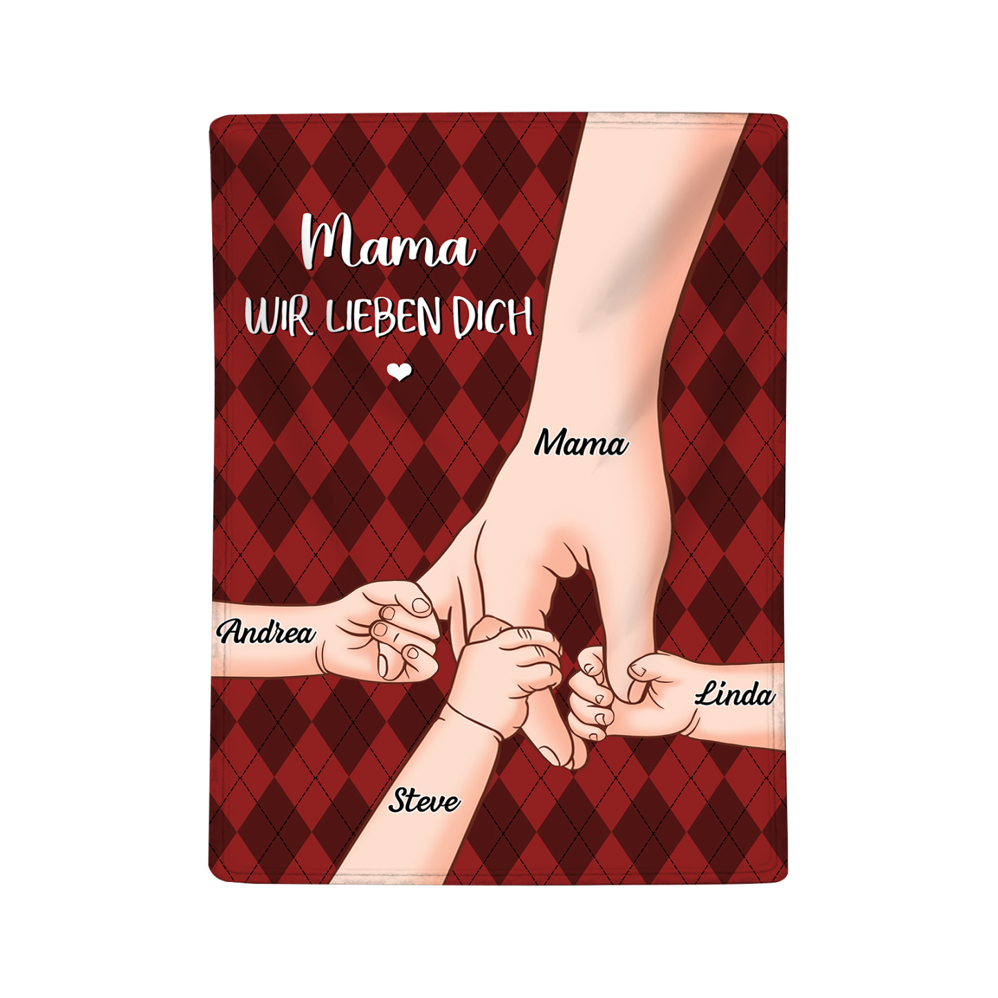 Personalisierte 4 Namen & 2 Texte Flanell Decke – Mama & Kinder Hand-in-Hand – Kuschelige Decke für Mutter