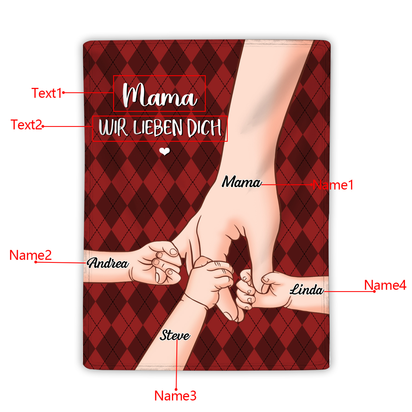 Personalisierte 4 Namen & 2 Texte Flanell Decke – Mama & Kinder Hand-in-Hand – Kuschelige Decke für Mutter