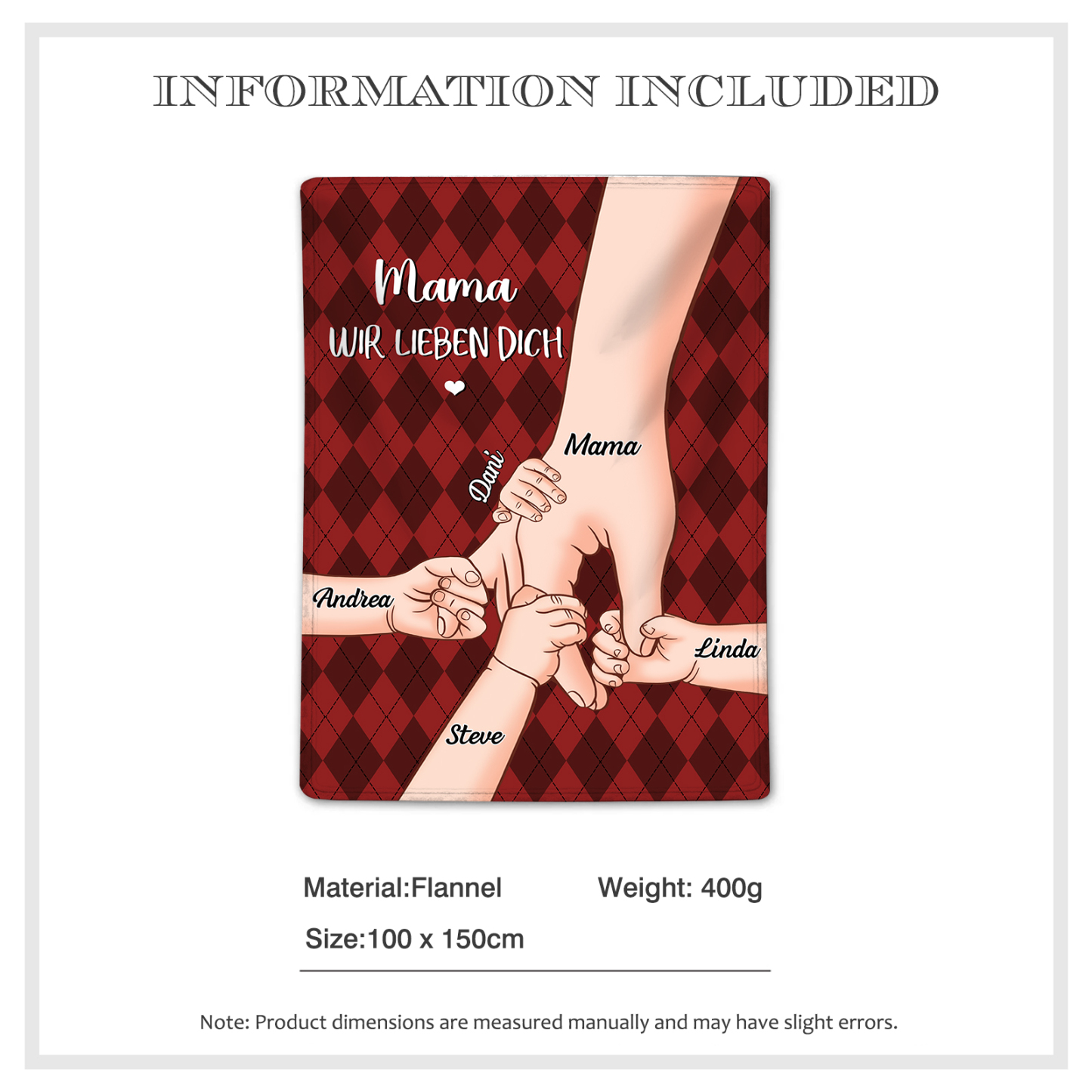 Personalisierte 5 Namen & 2 Texte Flanell Decke – Mama & Kinder Hand-in-Hand – Kuschelige Decke für Mutter