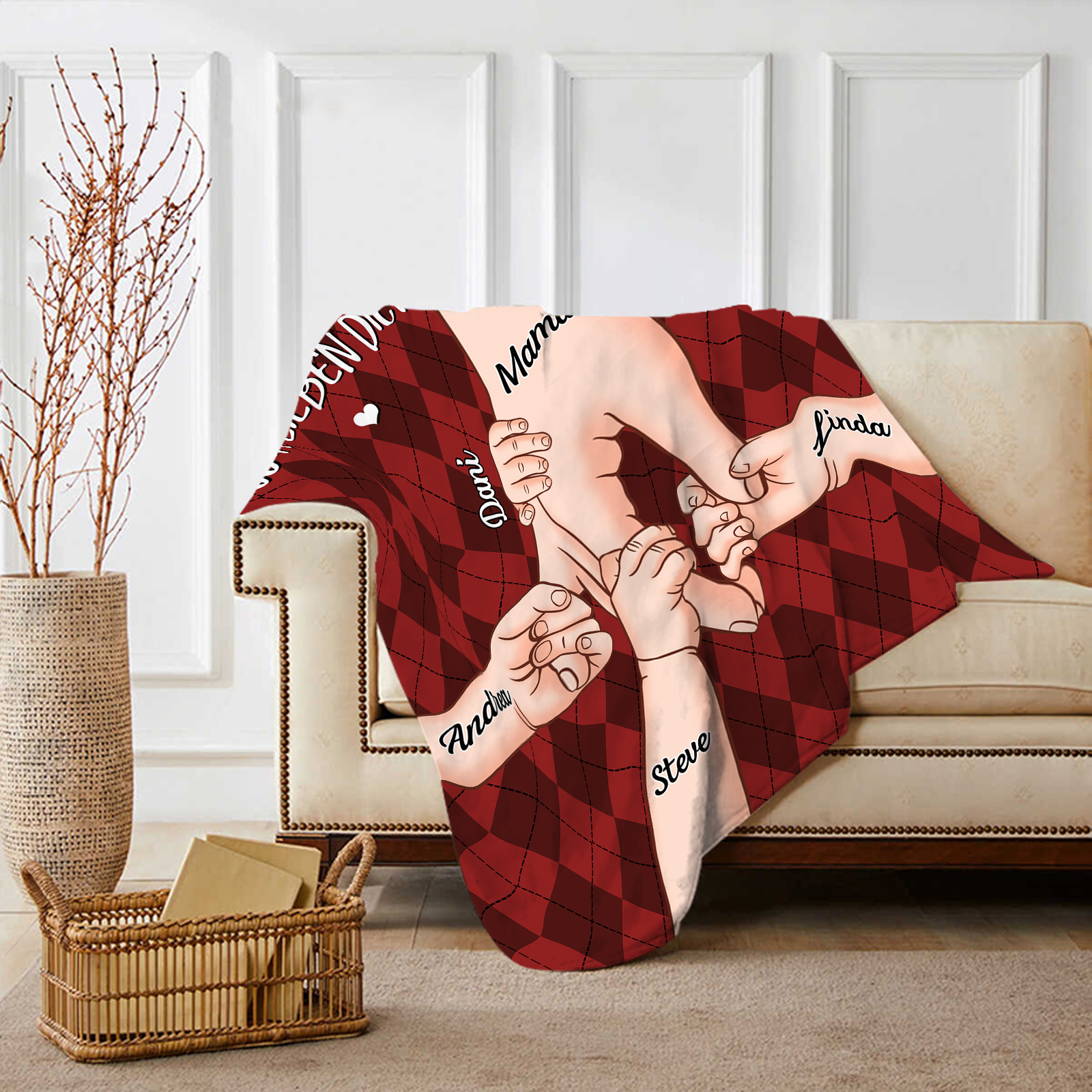 Personalisierte 5 Namen & 2 Texte Flanell Decke – Mama & Kinder Hand-in-Hand – Kuschelige Decke für Mutter