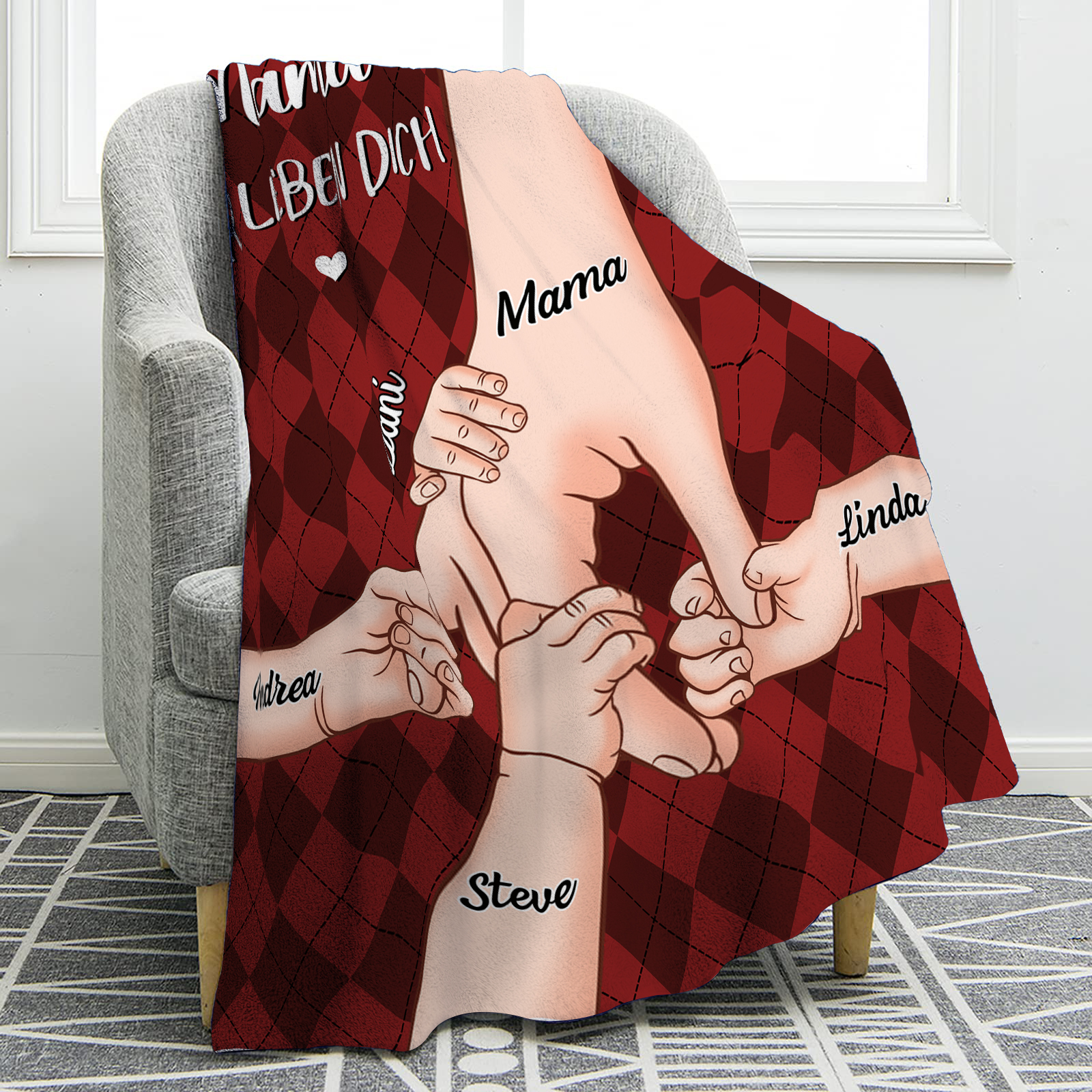 Personalisierte 5 Namen & 2 Texte Flanell Decke – Mama & Kinder Hand-in-Hand – Kuschelige Decke für Mutter