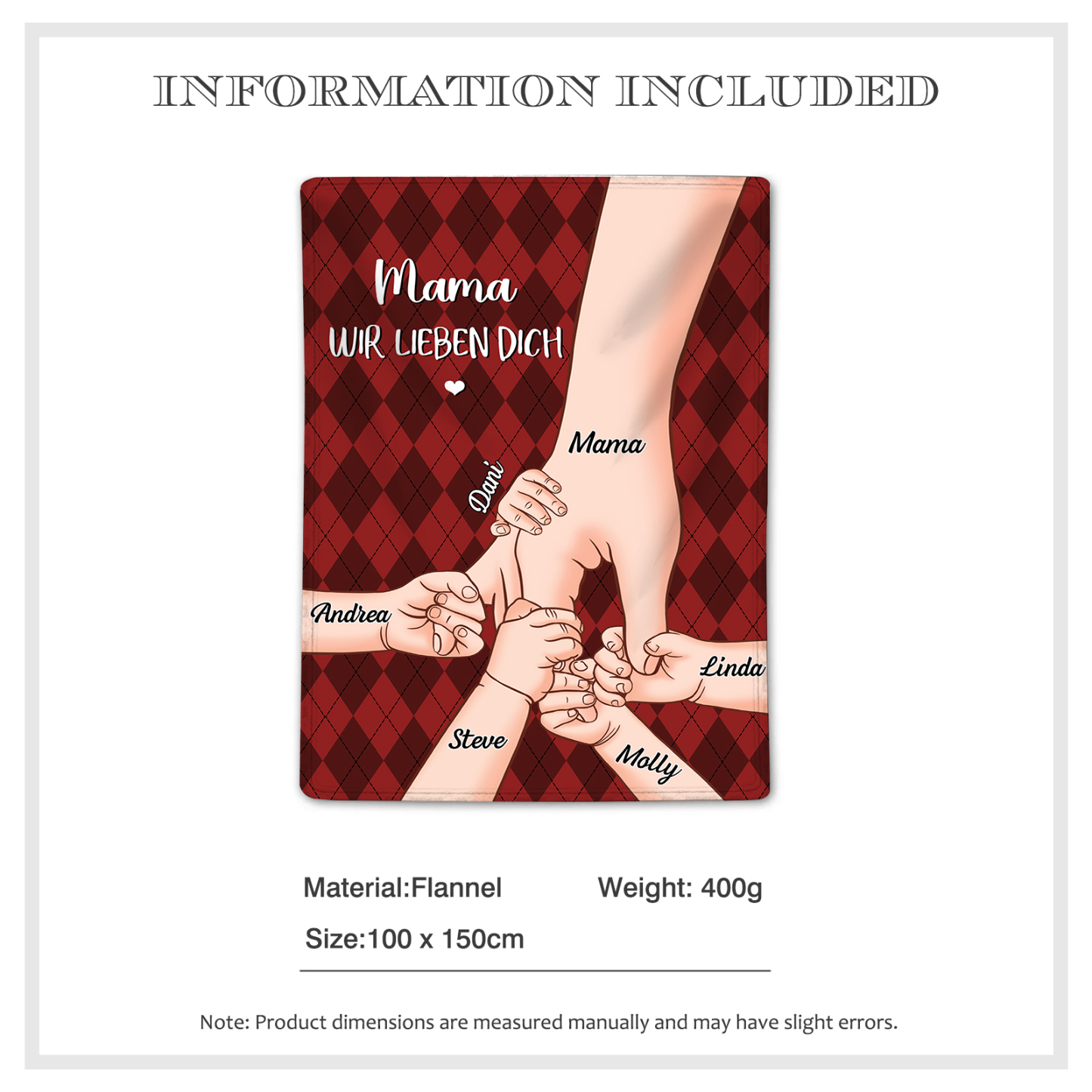 Personalisierte 6 Namen & 2 Texte Flanell Decke – Mama & Kinder Hand-in-Hand – Kuschelige Decke für Mutter
