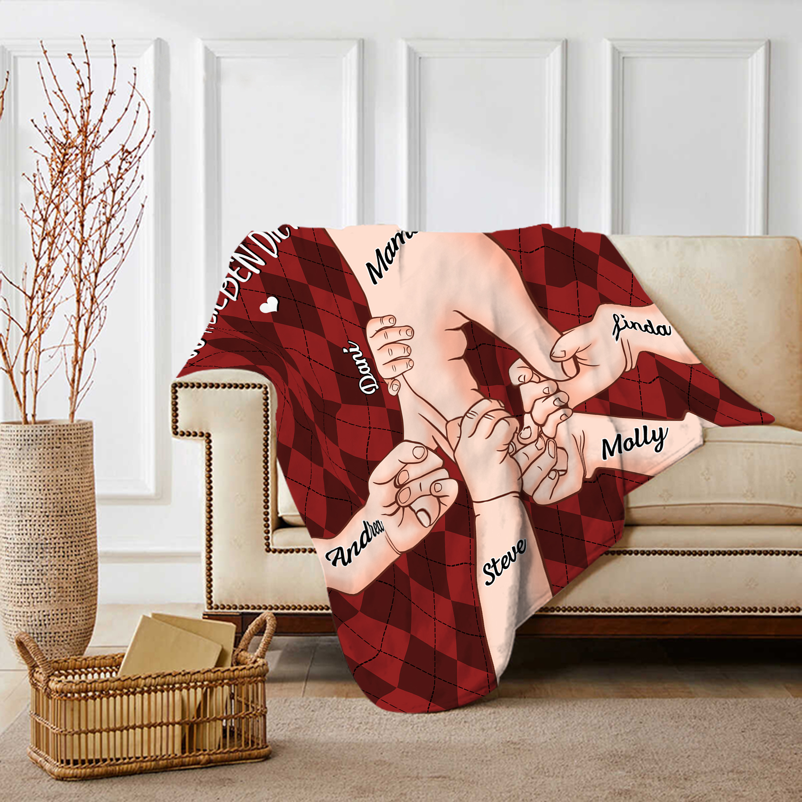 Personalisierte 6 Namen & 2 Texte Flanell Decke – Mama & Kinder Hand-in-Hand  – Kuschelige Decke für Mutter