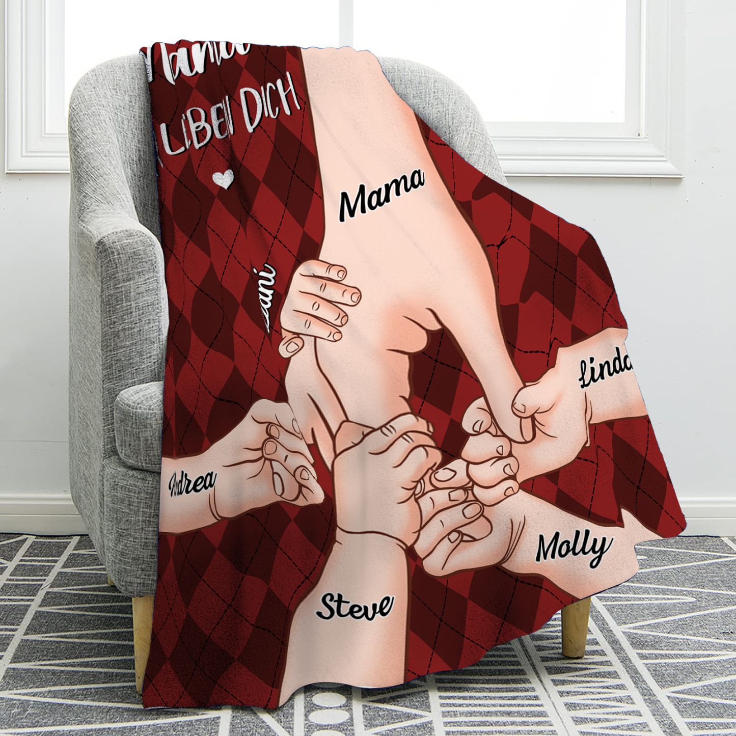 Personalisierte 6 Namen & 2 Texte Flanell Decke – Mama & Kinder Hand-in-Hand  – Kuschelige Decke für Mutter
