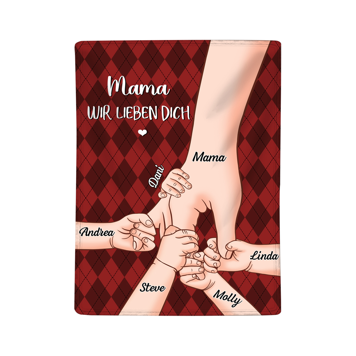 Personalisierte 6 Namen & 2 Texte Flanell Decke – Mama & Kinder Hand-in-Hand – Kuschelige Decke für Mutter