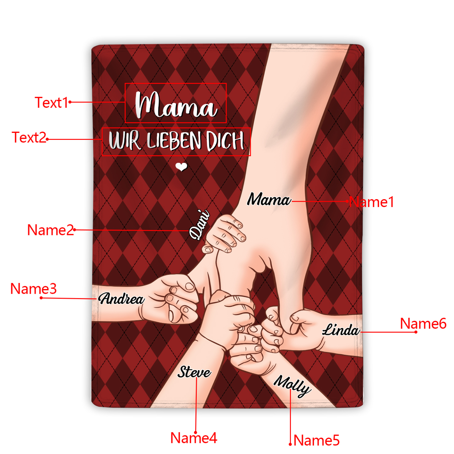 Personalisierte 6 Namen & 2 Texte Flanell Decke – Mama & Kinder Hand-in-Hand – Kuschelige Decke für Mutter