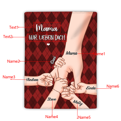 Personalisierte 6 Namen & 2 Texte Flanell Decke – Mama & Kinder Hand-in-Hand  – Kuschelige Decke für Mutter
