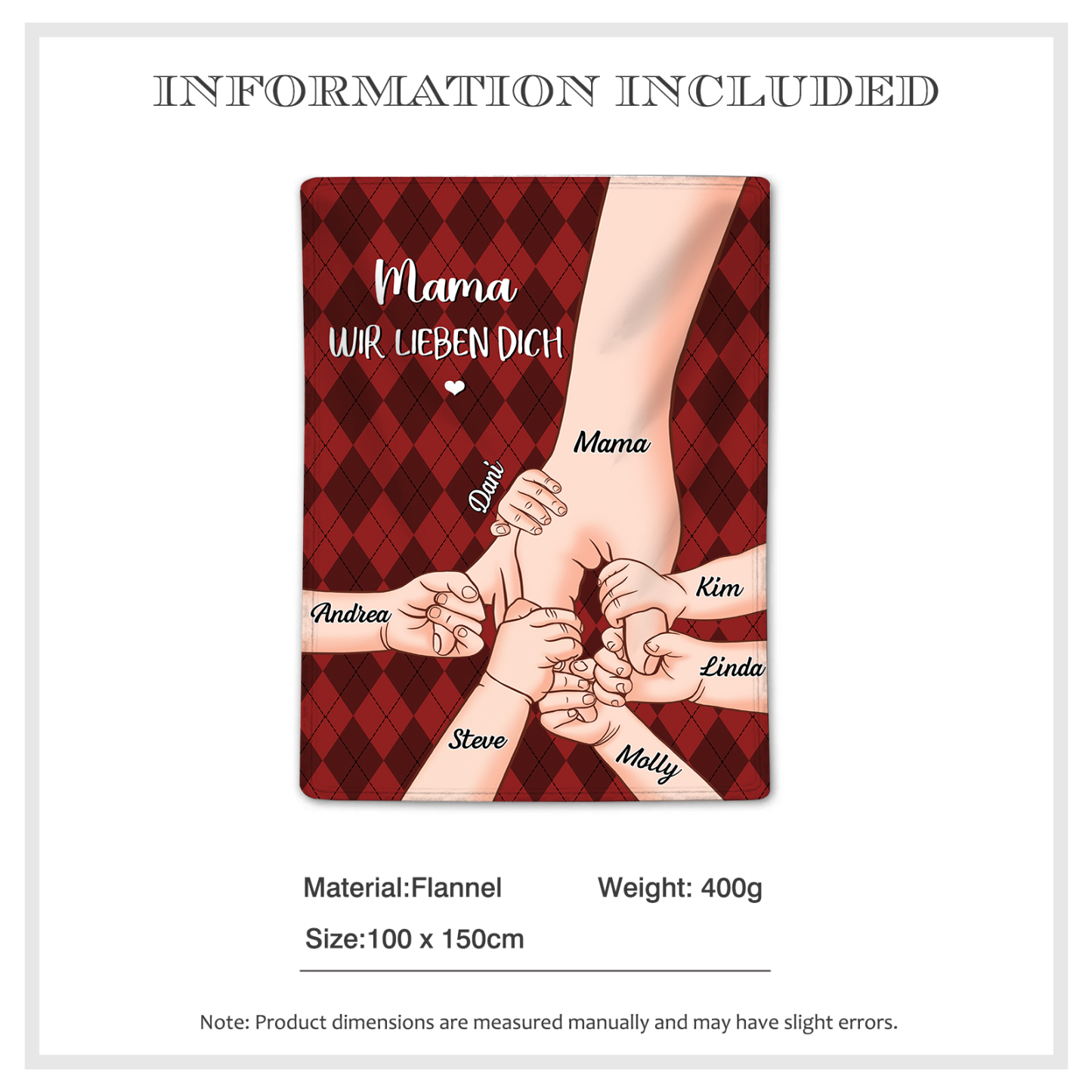 Personalisierte 7 Namen & 2 Texte Flanell Decke – Mama & Kinder Hand-in-Hand – Kuschelige Decke für Mutter