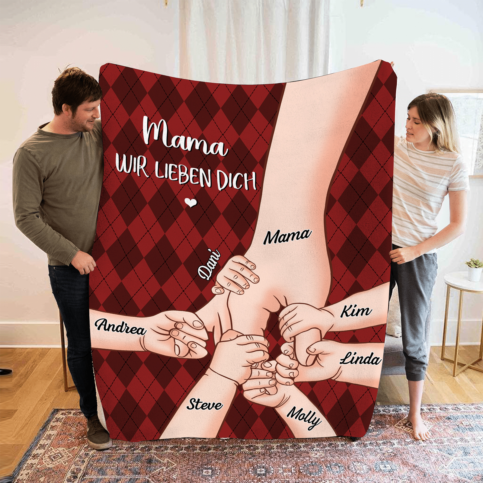 Personalisierte 7 Namen & 2 Texte Flanell Decke – Mama & Kinder Hand-in-Hand  – Kuschelige Decke für Mutter
