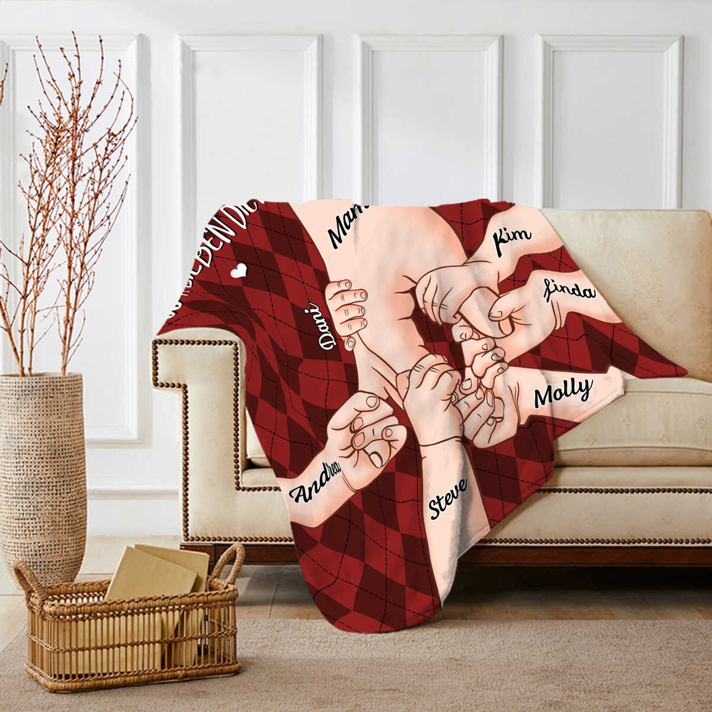 Personalisierte 7 Namen & 2 Texte Flanell Decke – Mama & Kinder Hand-in-Hand – Kuschelige Decke für Mutter