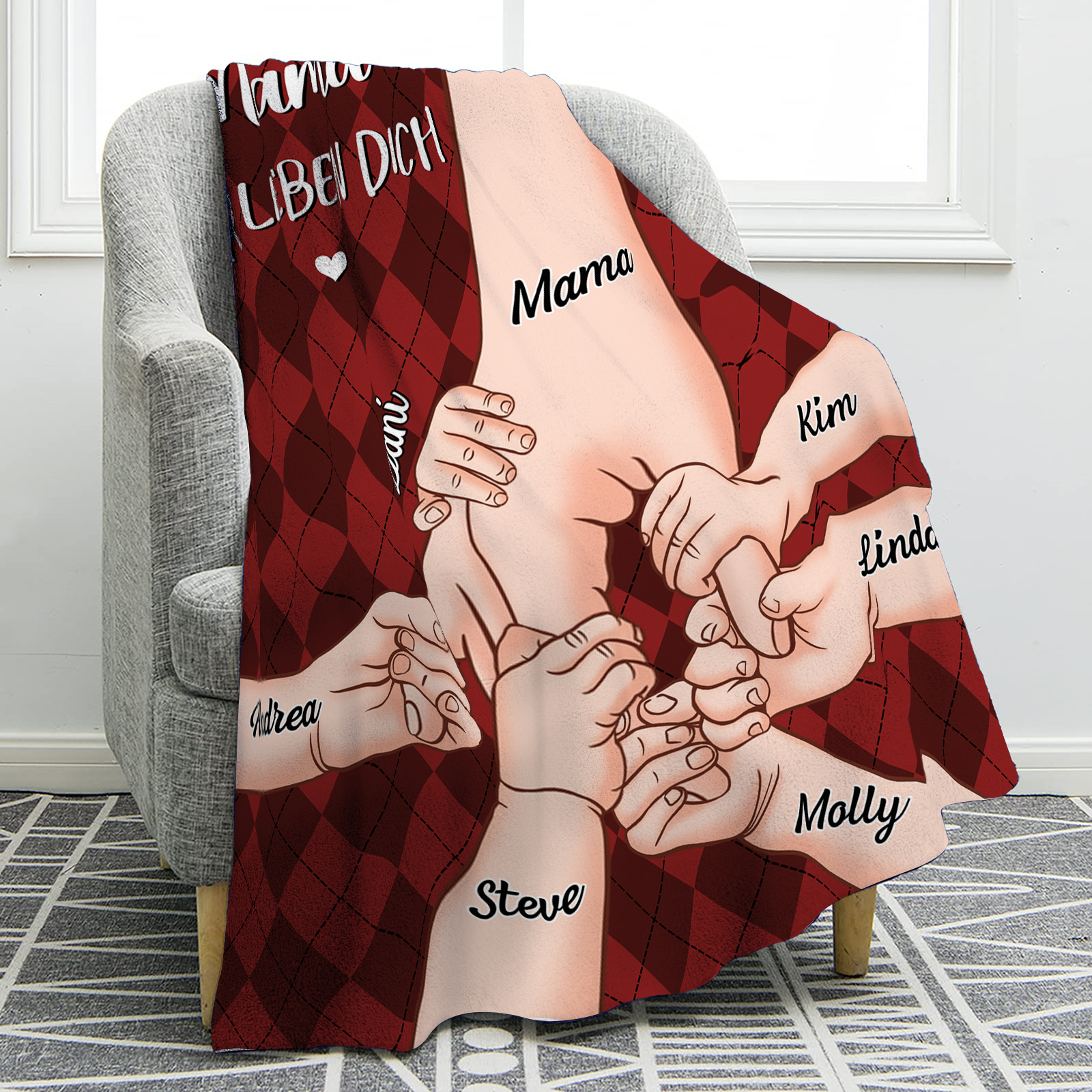 Personalisierte 7 Namen & 2 Texte Flanell Decke – Mama & Kinder Hand-in-Hand  – Kuschelige Decke für Mutter