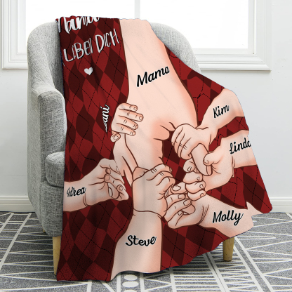 Personalisierte 7 Namen & 2 Texte Flanell Decke – Mama & Kinder Hand-in-Hand  – Kuschelige Decke für Mutter