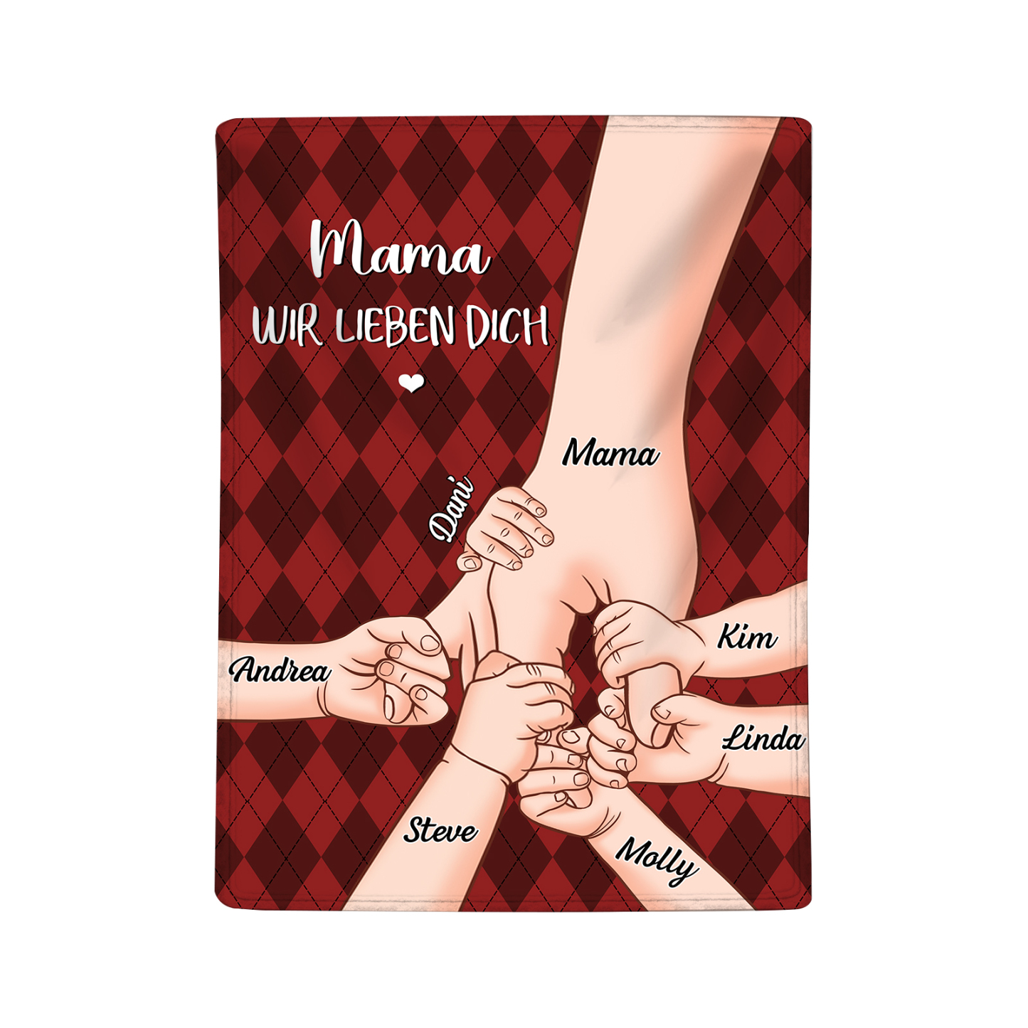 Personalisierte 7 Namen & 2 Texte Flanell Decke – Mama & Kinder Hand-in-Hand – Kuschelige Decke für Mutter