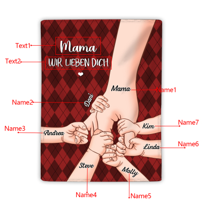 Personalisierte 7 Namen & 2 Texte Flanell Decke – Mama & Kinder Hand-in-Hand  – Kuschelige Decke für Mutter