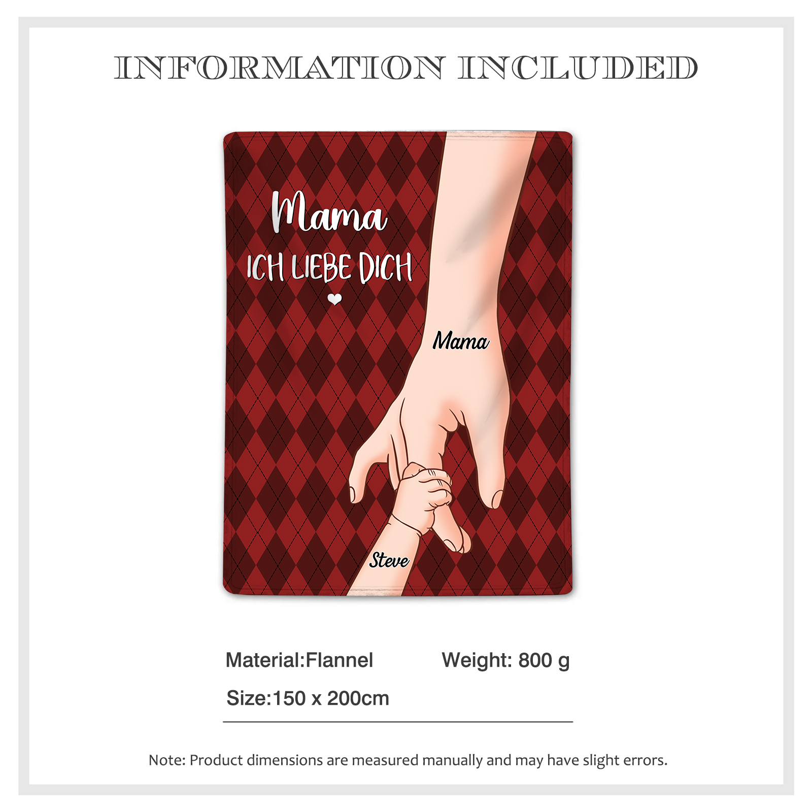  Personalisierte 2-Namen Flanell-Decke – Mama & Kind Hand-in-Hand  – Kuschelige Decke für Mutter