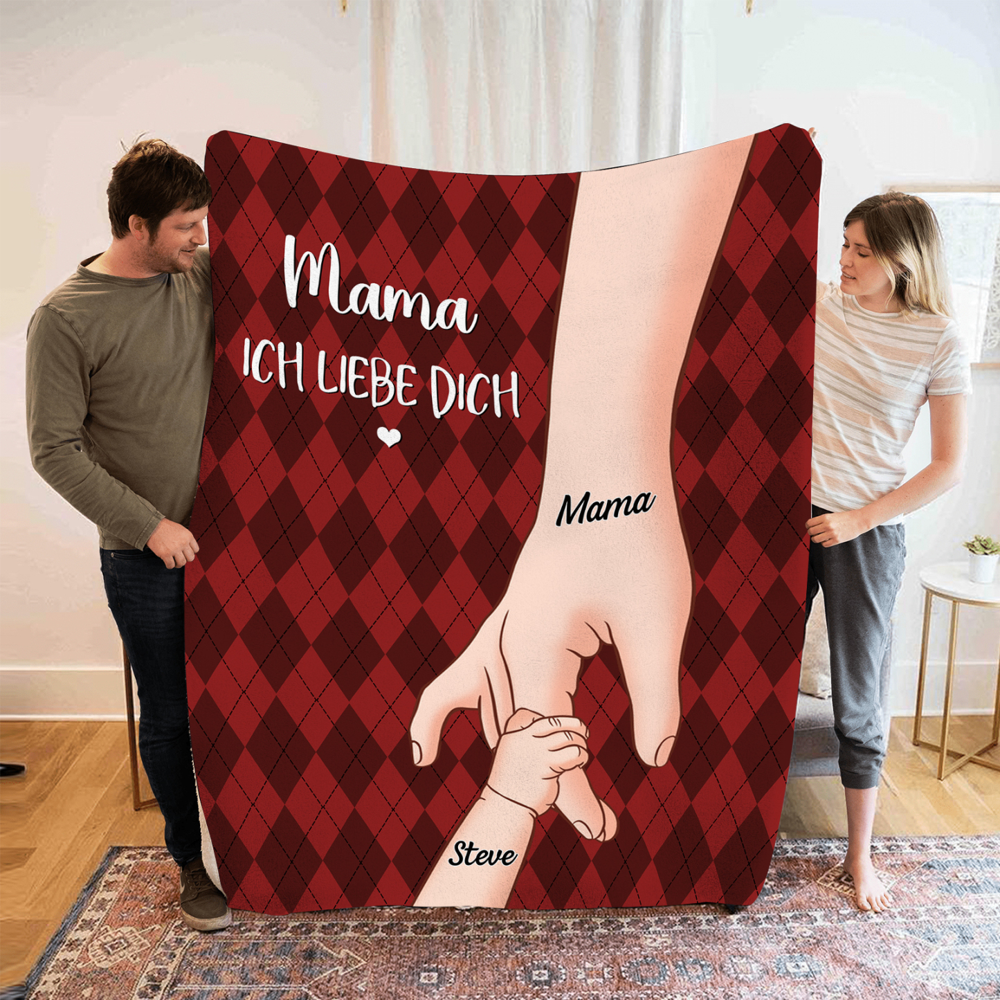 Personalisierte 2-Namen Flanell-Decke – Mama & Kind Hand-in-Hand – Kuschelige Decke für Mutter