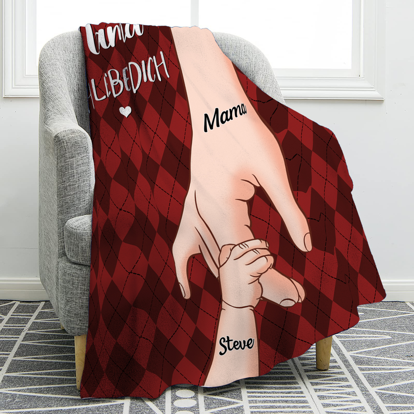 Personalisierte 2-Namen Flanell-Decke – Mama & Kind Hand-in-Hand – Kuschelige Decke für Mutter