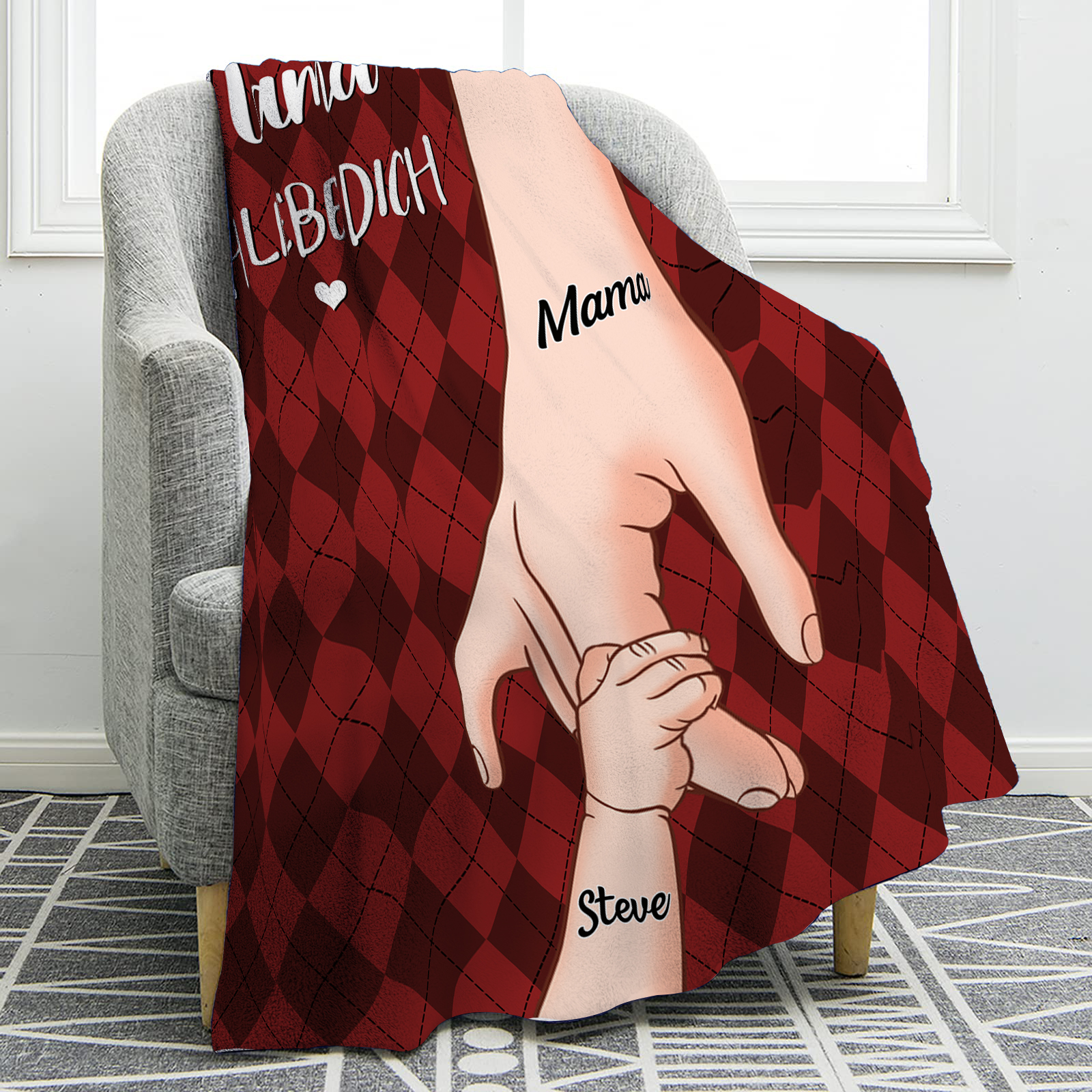 Personalisierte 2-Namen Flanell-Decke – Mama & Kind Hand-in-Hand – Kuschelige Decke für Mutter