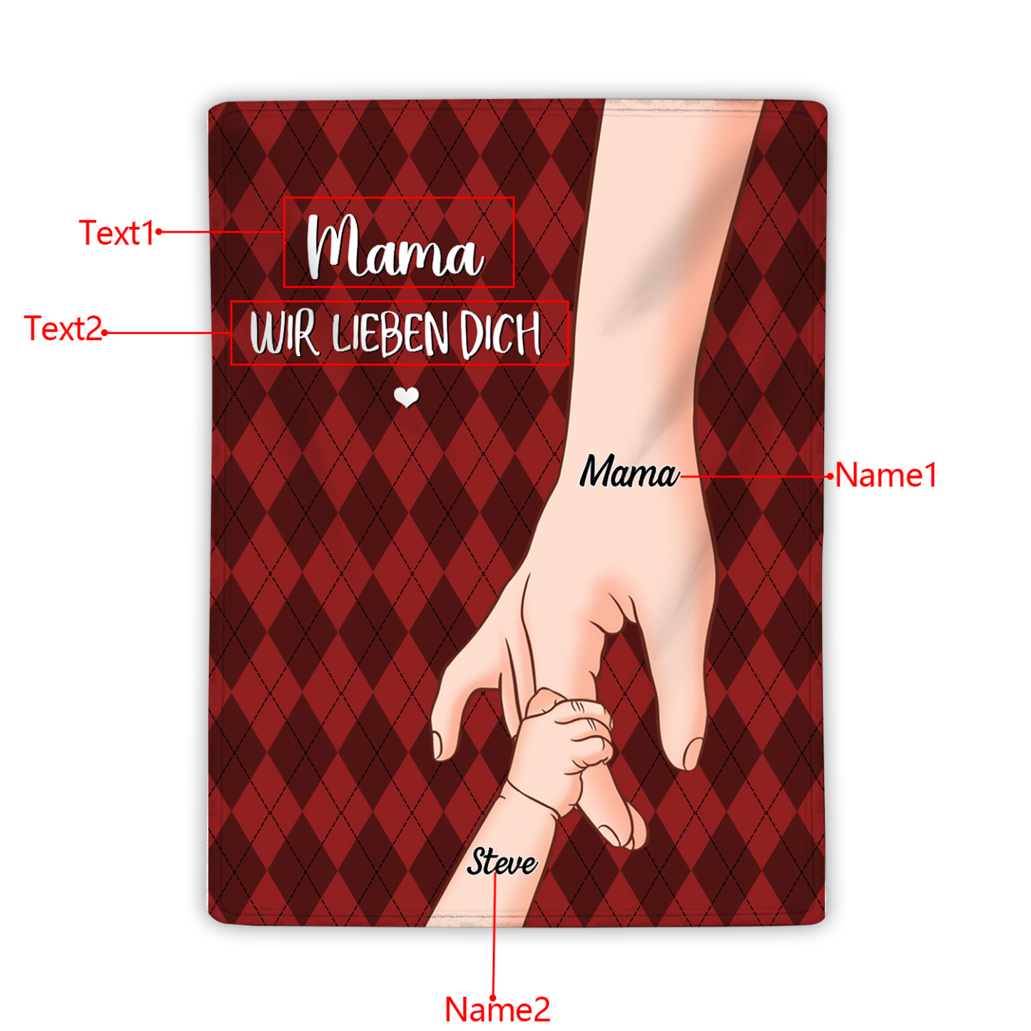 Personalisierte 2-Namen Flanell-Decke – Mama & Kind Hand-in-Hand – Kuschelige Decke für Mutter