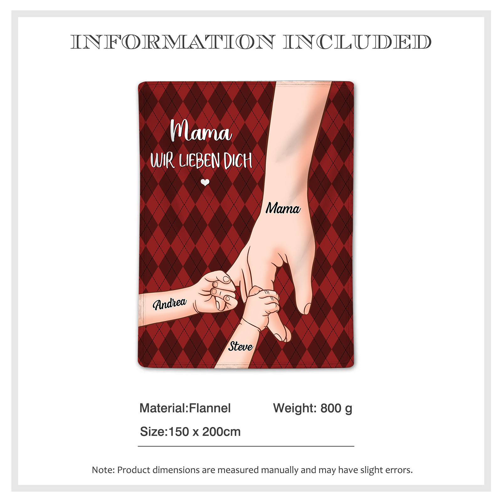 Personalisierte 3 Namen & 2 Texte Flanell Decke – Mama & Kinder Hand-in-Hand  – Kuschelige Decke für Mutter
