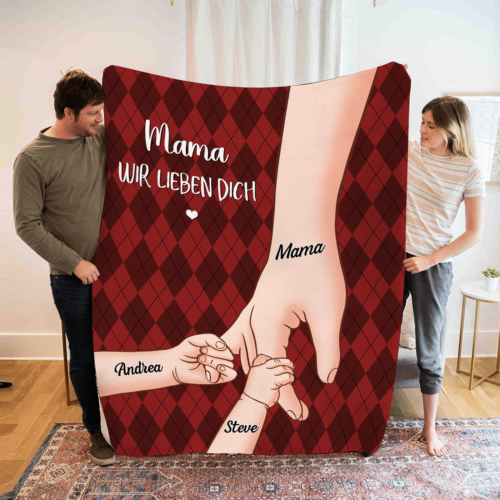 Personalisierte 3 Namen & 2 Texte Flanell Decke – Mama & Kinder Hand-in-Hand  – Kuschelige Decke für Mutter