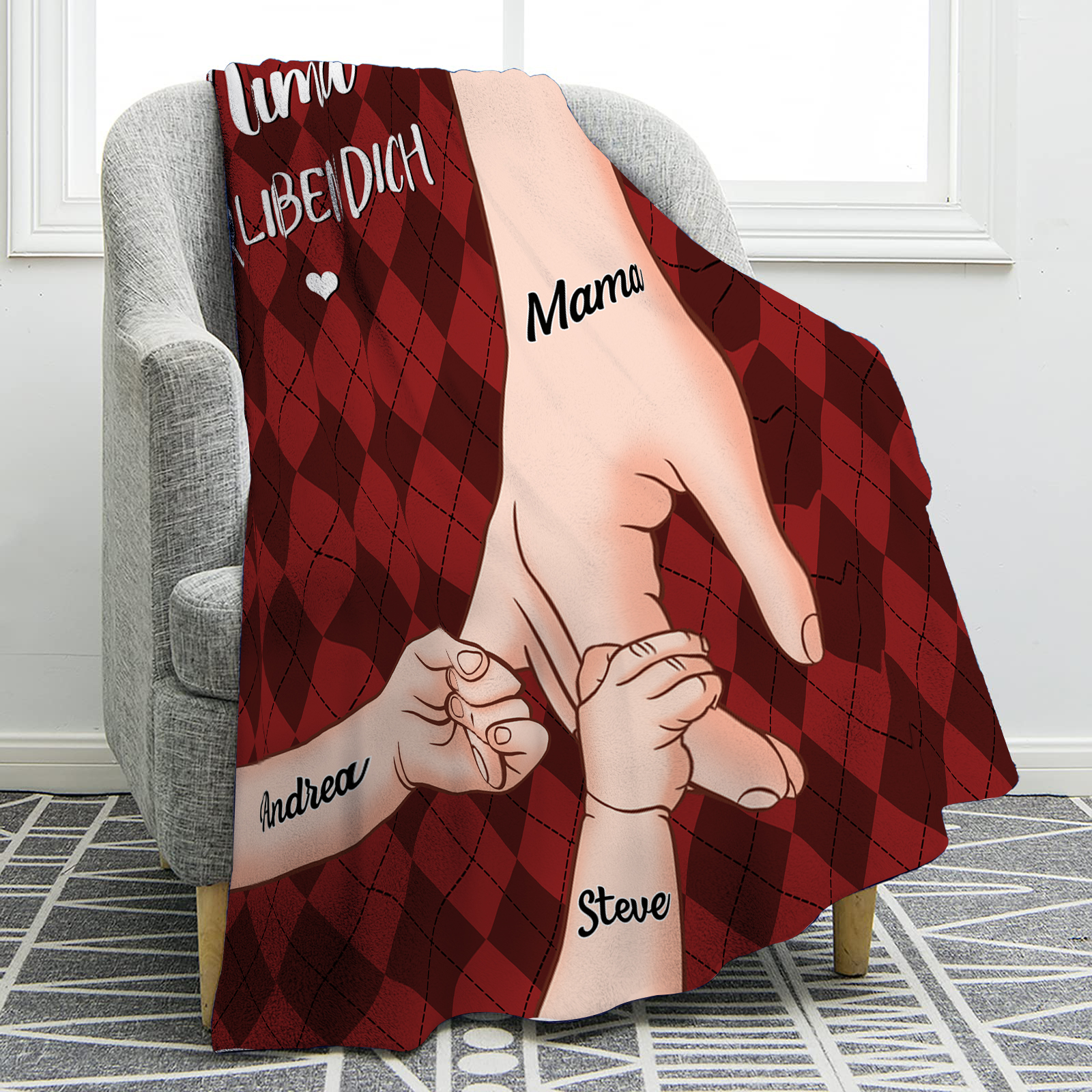 Personalisierte 3 Namen & 2 Texte Flanell Decke – Mama & Kinder Hand-in-Hand  – Kuschelige Decke für Mutter