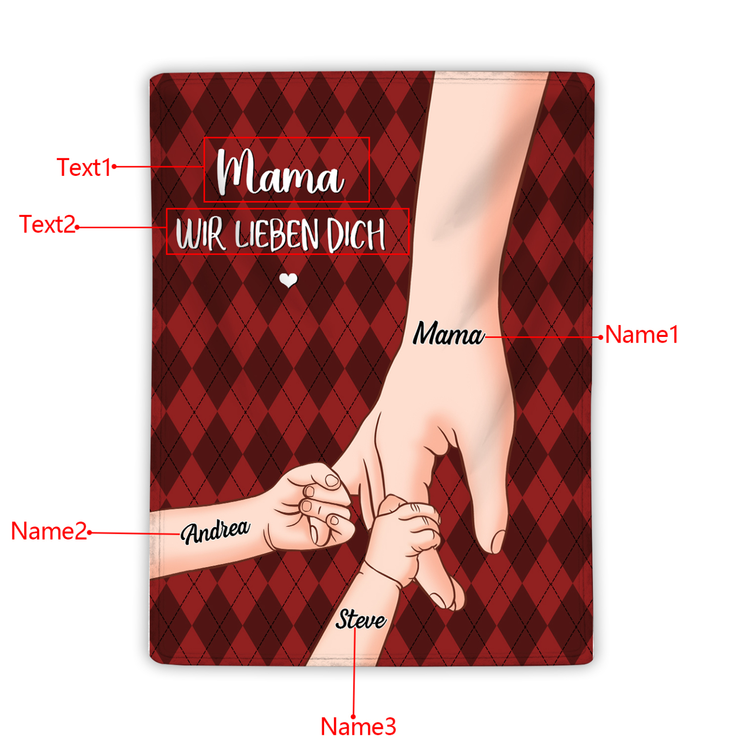 Personalisierte 3 Namen & 2 Texte Flanell Decke – Mama & Kinder Hand-in-Hand – Kuschelige Decke für Mutter