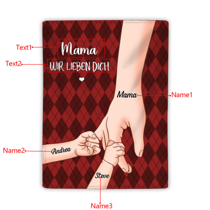 Personalisierte 3 Namen & 2 Texte Flanell Decke – Mama & Kinder Hand-in-Hand  – Kuschelige Decke für Mutter