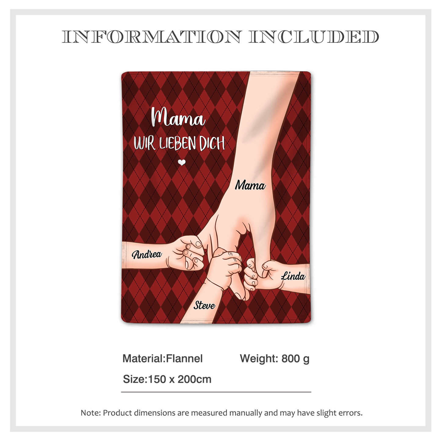 Personalisierte 4 Namen & 2 Texte Flanell Decke – Mama & Kinder Hand-in-Hand – Kuschelige Decke für Mutter