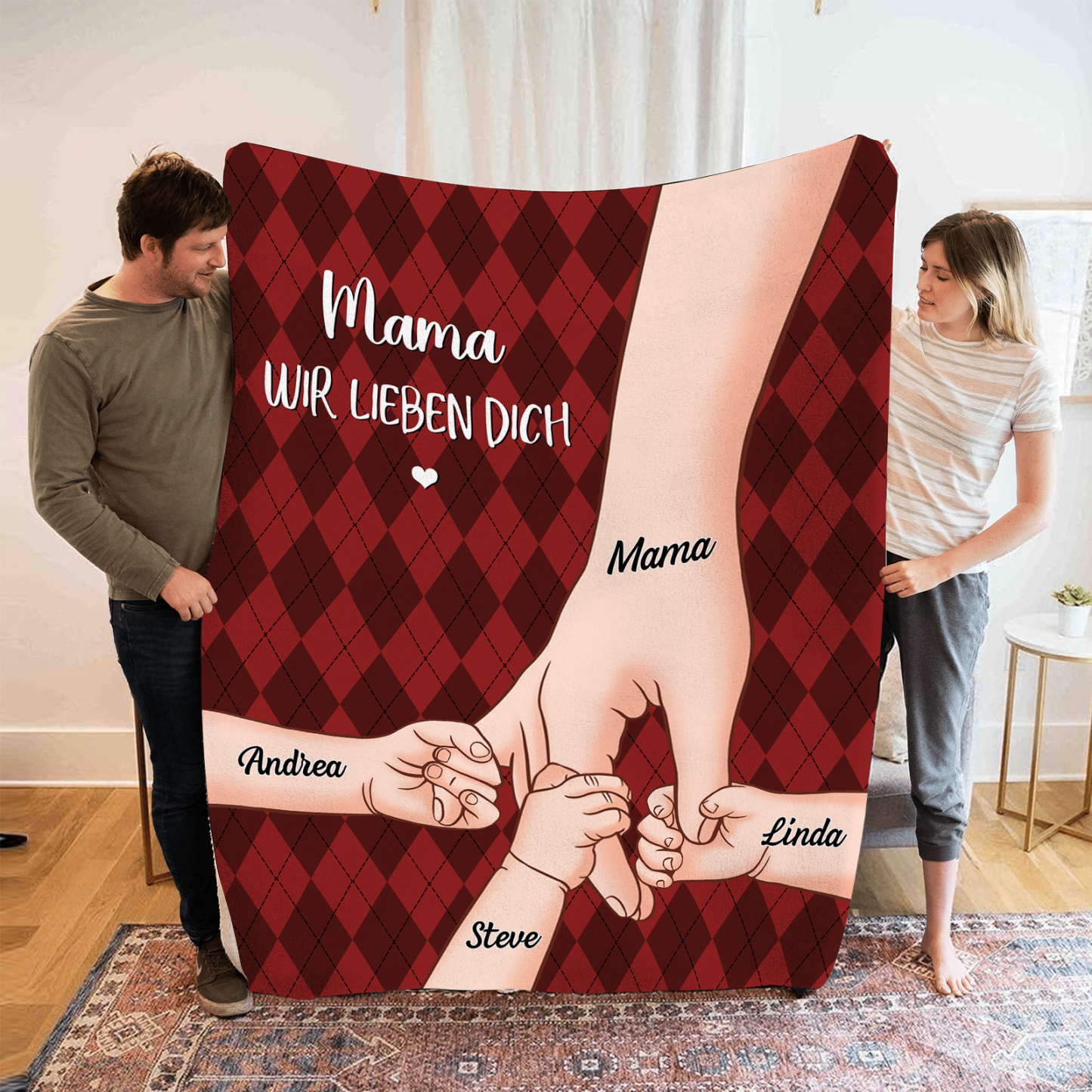 Personalisierte 4 Namen & 2 Texte Flanell Decke – Mama & Kinder Hand-in-Hand  – Kuschelige Decke für Mutter