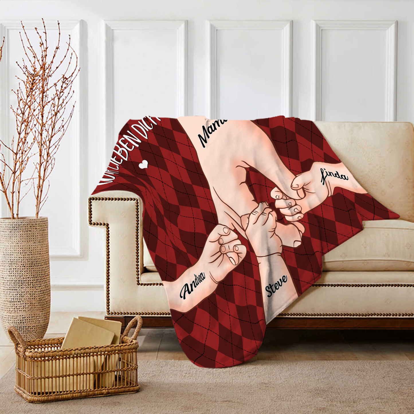 Personalisierte 4 Namen & 2 Texte Flanell Decke – Mama & Kinder Hand-in-Hand – Kuschelige Decke für Mutter