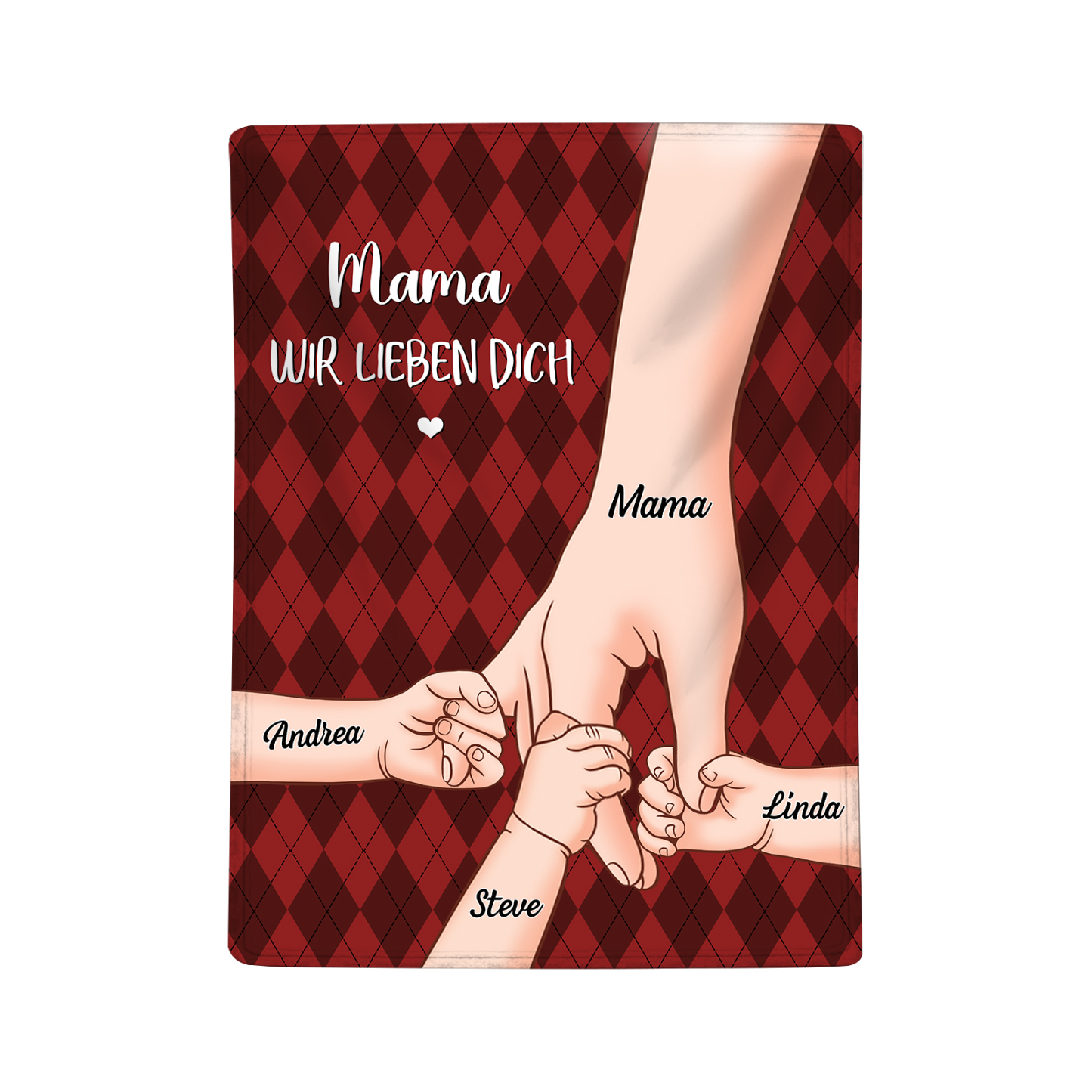 Personalisierte 4 Namen & 2 Texte Flanell Decke – Mama & Kinder Hand-in-Hand – Kuschelige Decke für Mutter