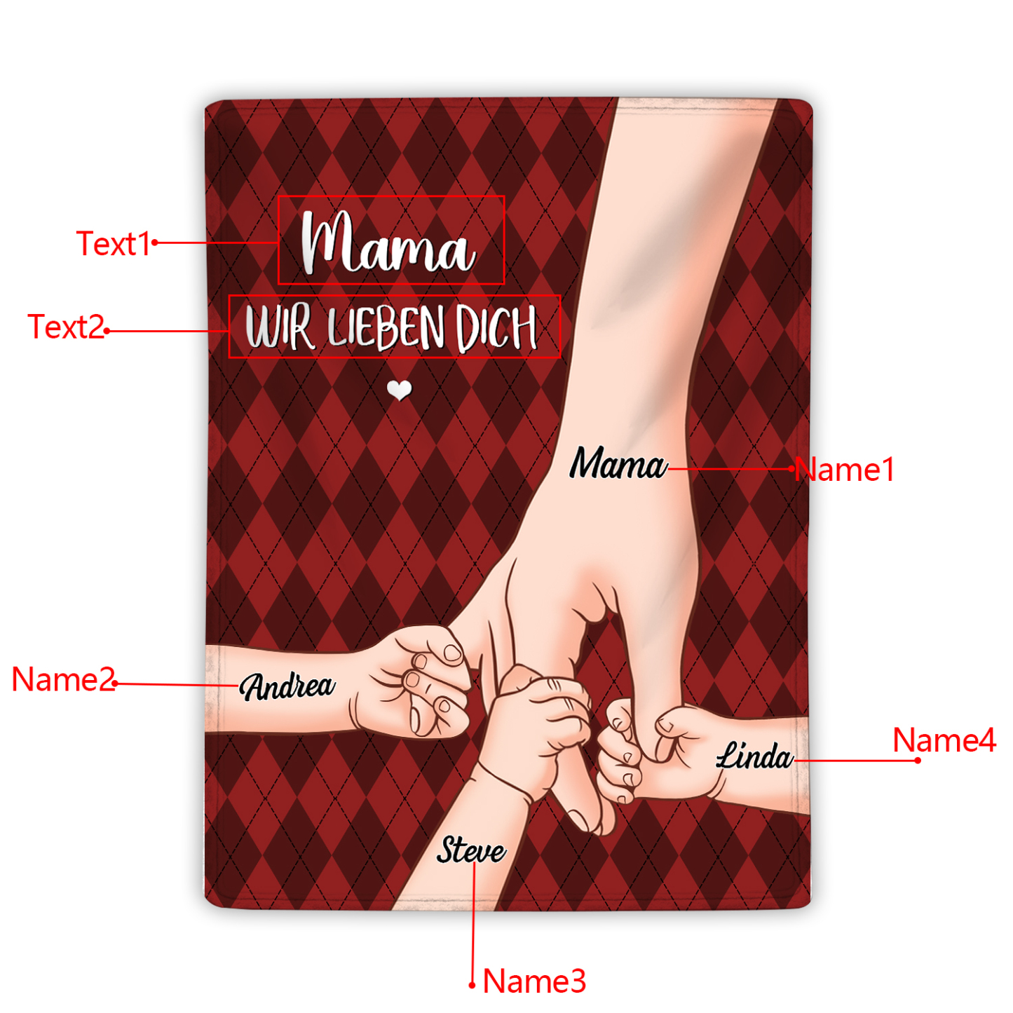 Personalisierte 4 Namen & 2 Texte Flanell Decke – Mama & Kinder Hand-in-Hand – Kuschelige Decke für Mutter