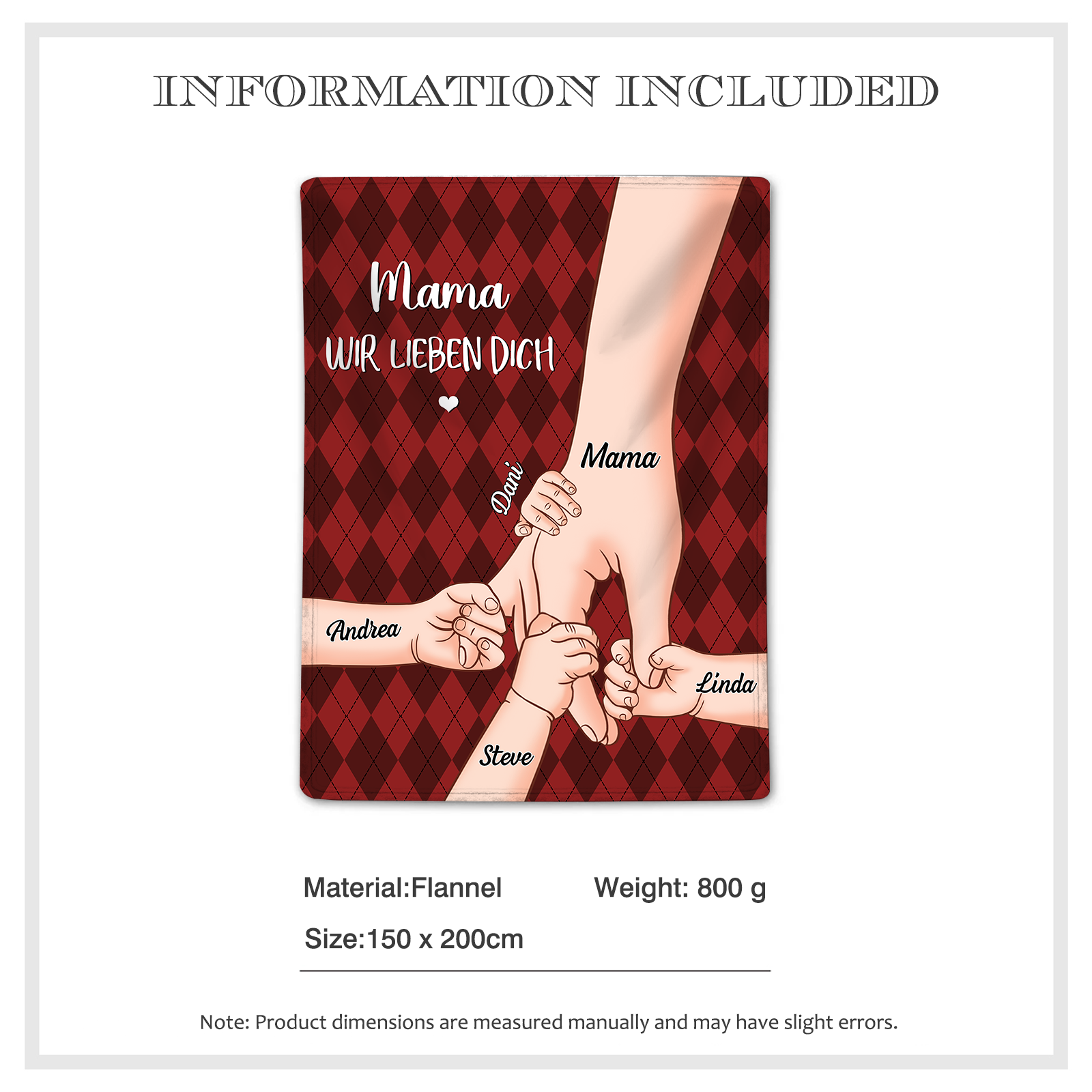 Personalisierte 6 Namen & 2 Texte Flanell Decke – Mama & Kinder Hand-in-Hand  – Kuschelige Decke für Mutter