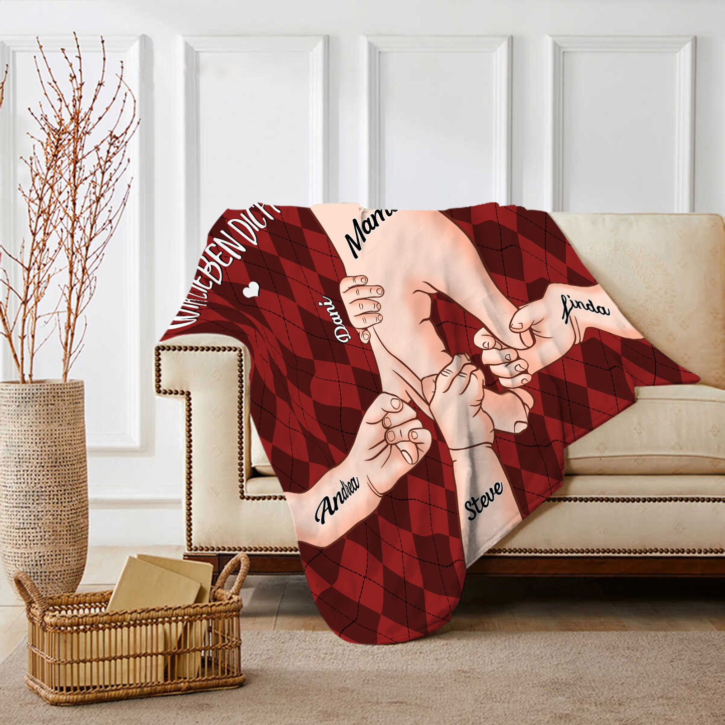 Personalisierte 6 Namen & 2 Texte Flanell Decke – Mama & Kinder Hand-in-Hand – Kuschelige Decke für Mutter