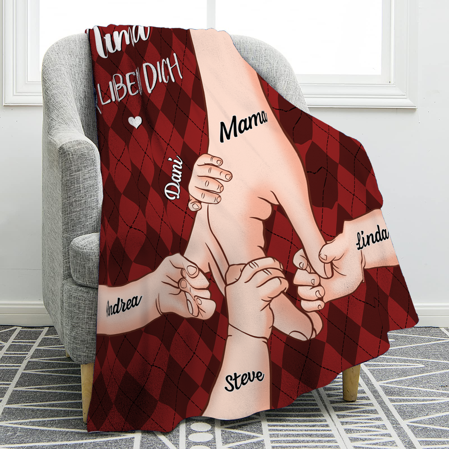 Personalisierte 6 Namen & 2 Texte Flanell Decke – Mama & Kinder Hand-in-Hand – Kuschelige Decke für Mutter