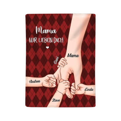 Personalisierte 6 Namen & 2 Texte Flanell Decke – Mama & Kinder Hand-in-Hand  – Kuschelige Decke für Mutter