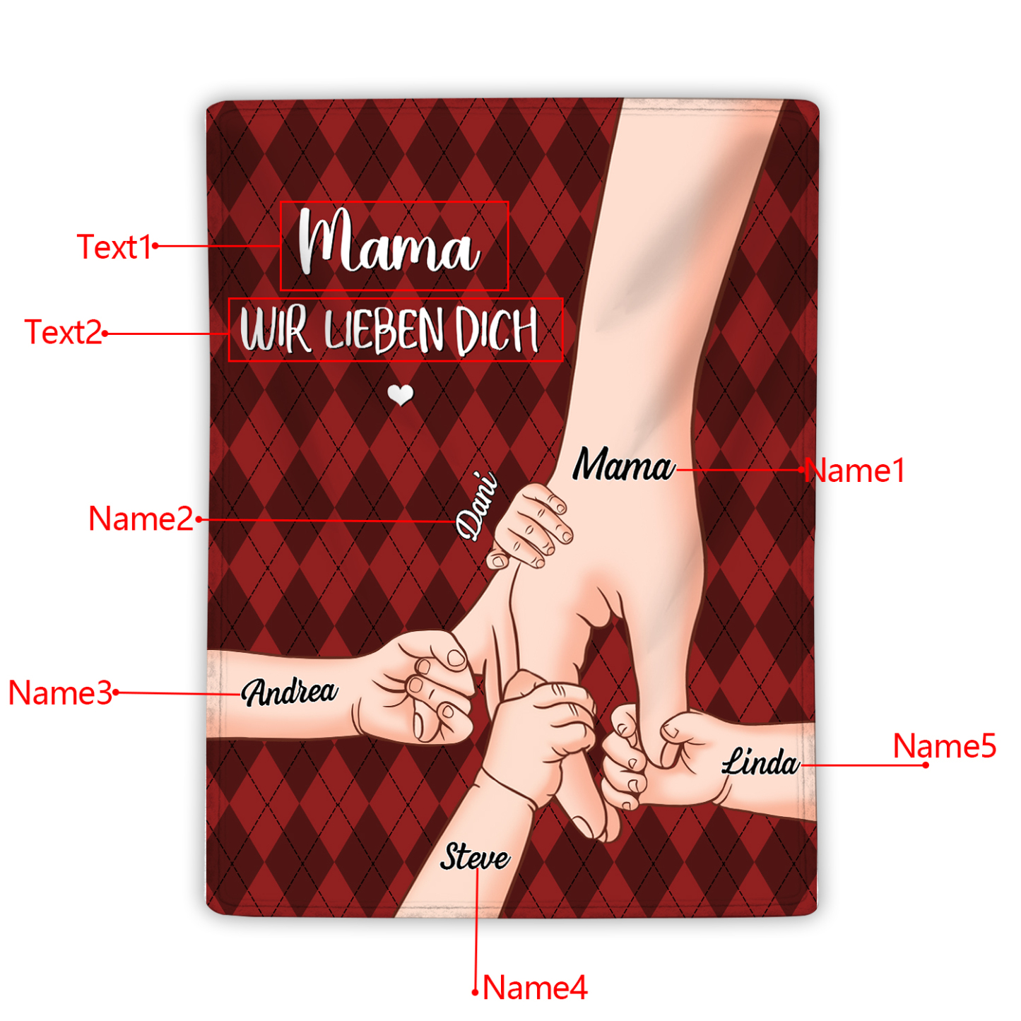 Personalisierte 6 Namen & 2 Texte Flanell Decke – Mama & Kinder Hand-in-Hand  – Kuschelige Decke für Mutter