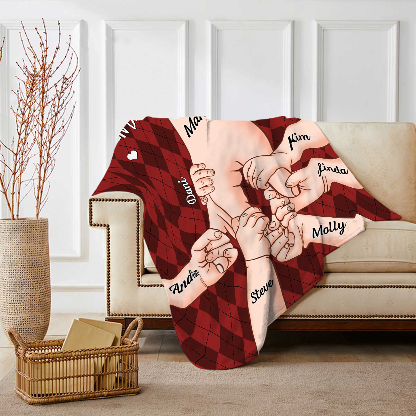 Personalisierte 7 Namen & 2 Texte Flanell Decke – Mama & Kinder Hand-in-Hand  – Kuschelige Decke für Mutter