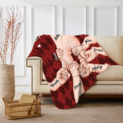 Personalisierte 7 Namen & 2 Texte Flanell Decke – Mama & Kinder Hand-in-Hand  – Kuschelige Decke für Mutter