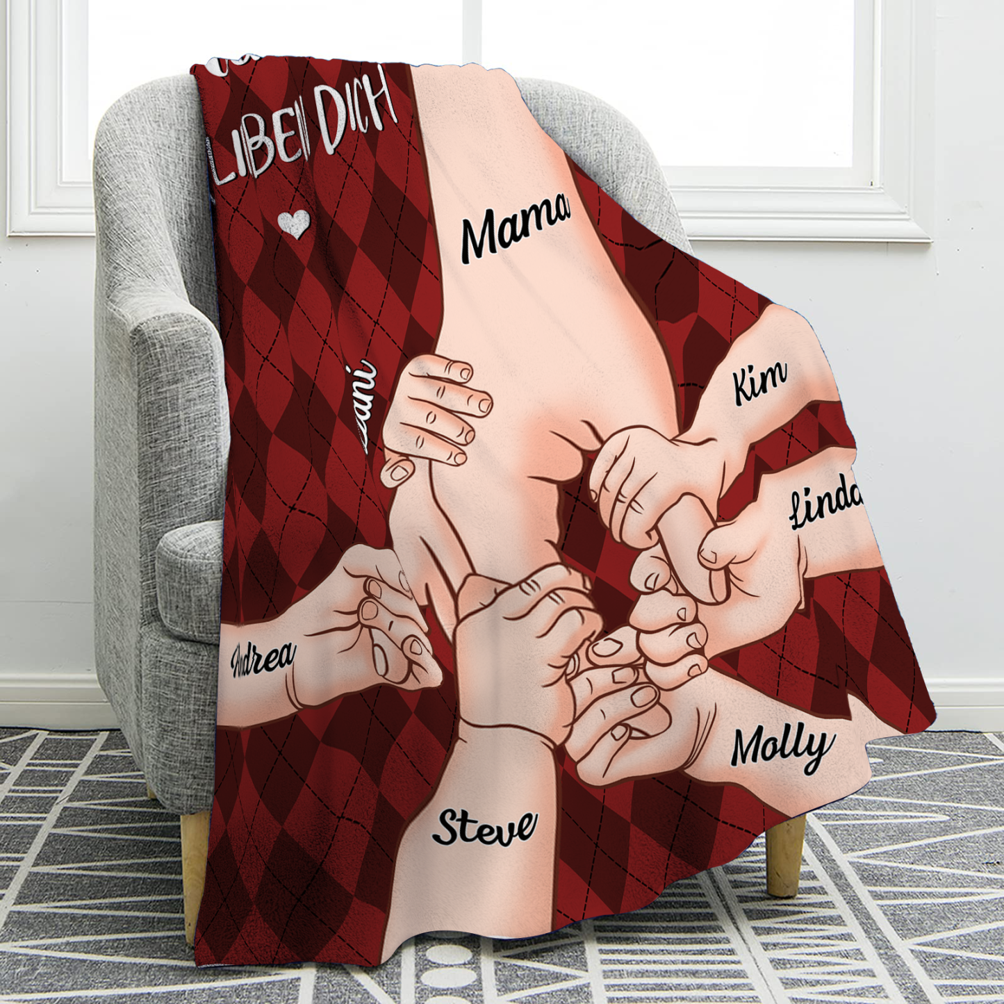Personalisierte 7 Namen & 2 Texte Flanell Decke – Mama & Kinder Hand-in-Hand  – Kuschelige Decke für Mutter