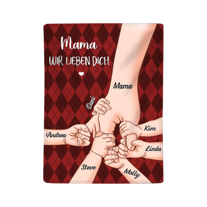 Personalisierte 7 Namen & 2 Texte Flanell Decke – Mama & Kinder Hand-in-Hand  – Kuschelige Decke für Mutter