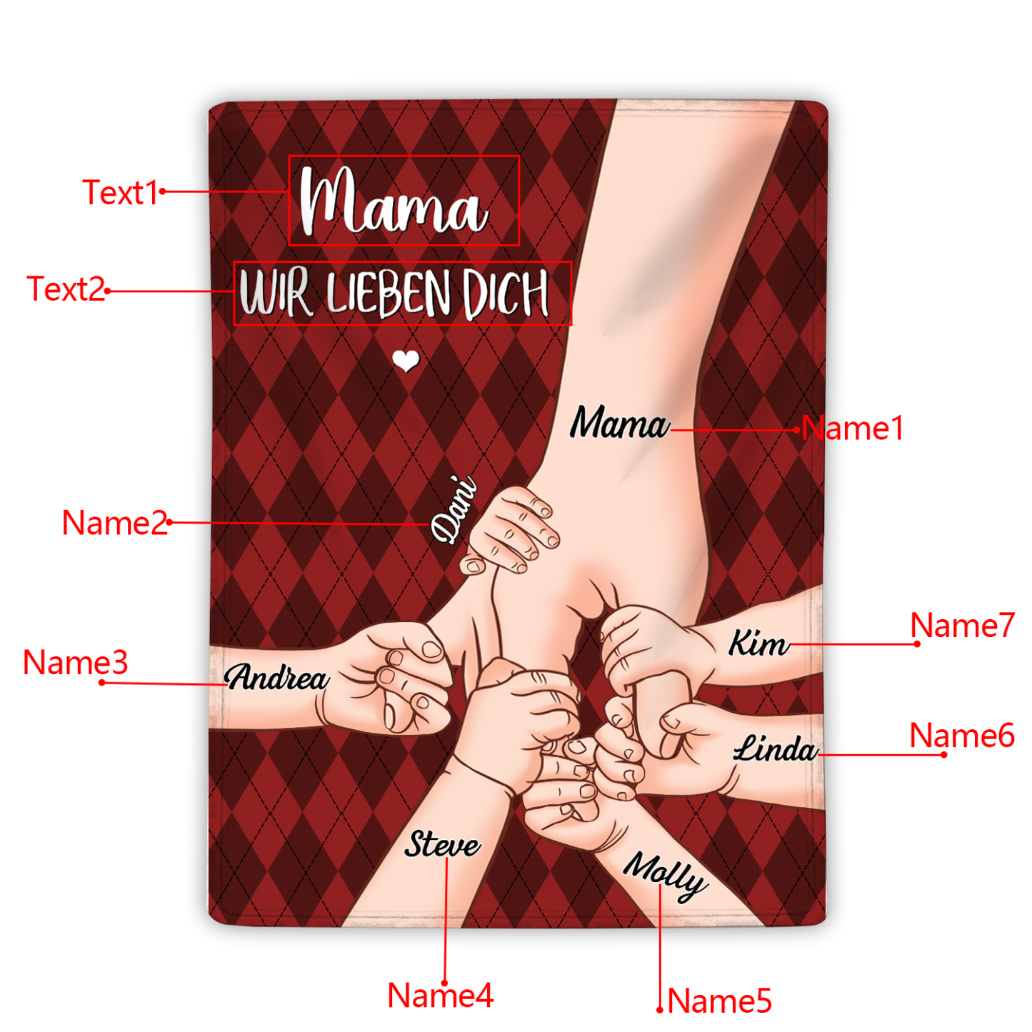 Personalisierte 7 Namen & 2 Texte Flanell Decke – Mama & Kinder Hand-in-Hand – Kuschelige Decke für Mutter