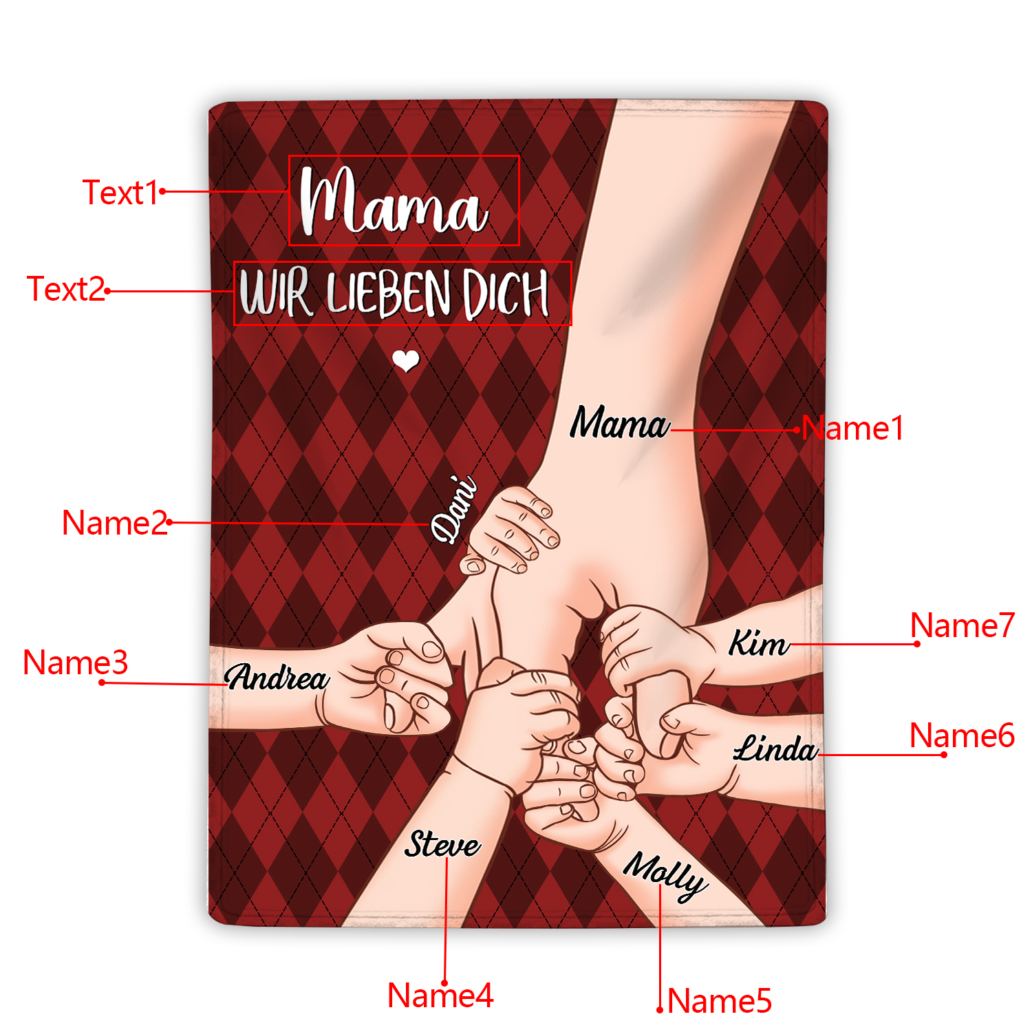 Personalisierte 7 Namen & 2 Texte Flanell Decke – Mama & Kinder Hand-in-Hand – Kuschelige Decke für Mutter