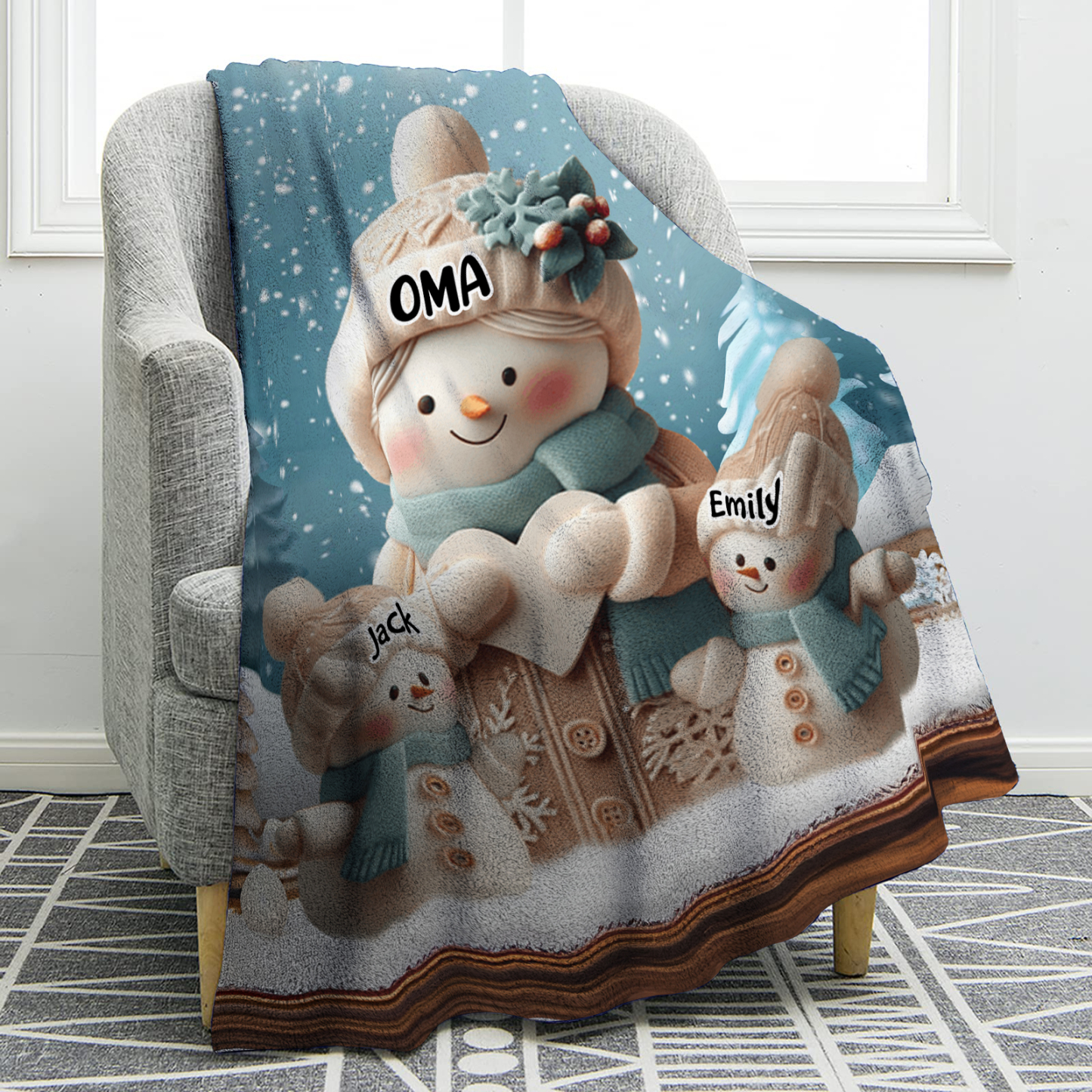 Personalisierte 3 Namen Flanell-Decke mit Schneemann –Oma & Enkelkinder– Kuschelige Decke für Oma Großmütter